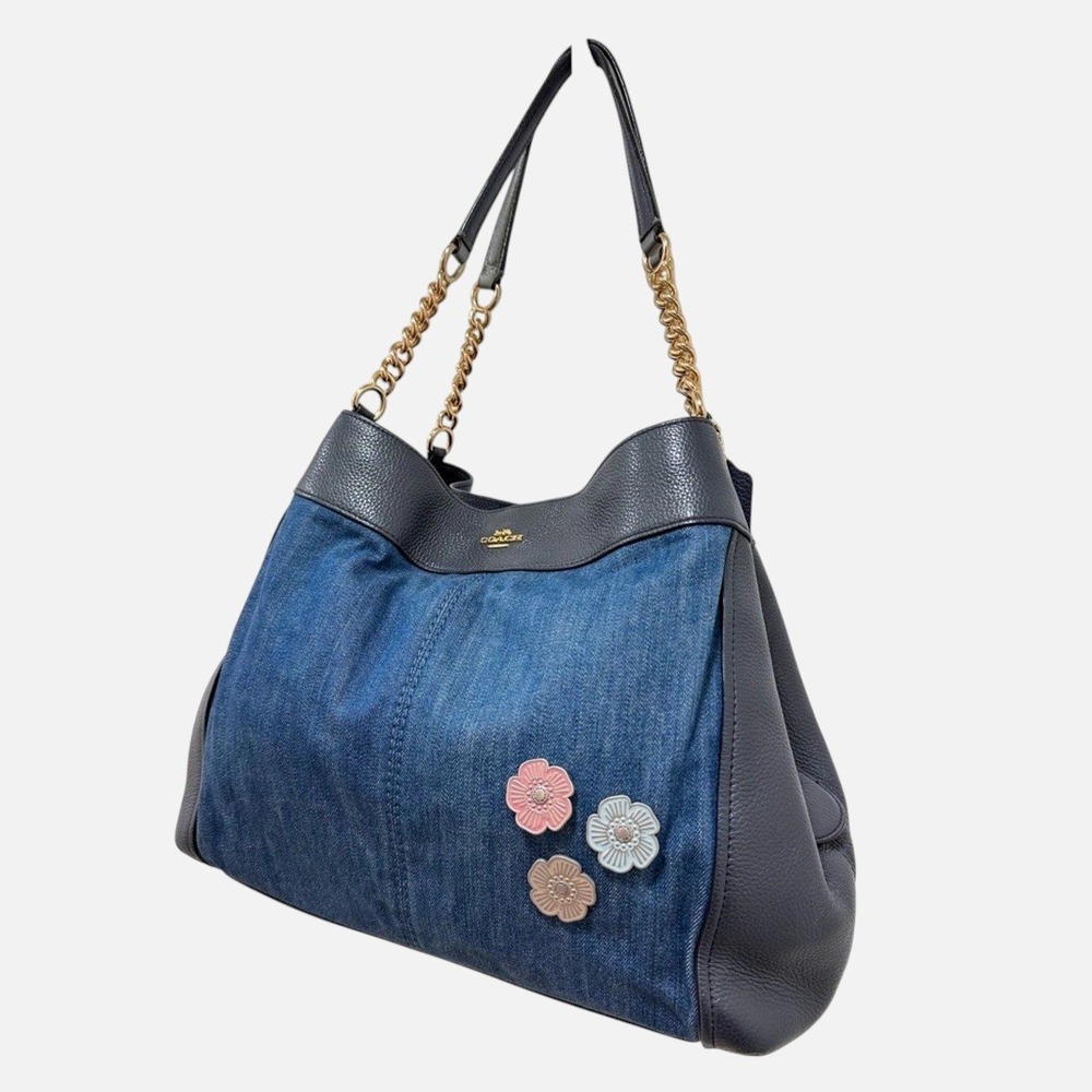 Coach Lexy Shoulder Bag Denim Tea Rose Floral Appliqué Navy Leather F25884 - Picture 4 of 9